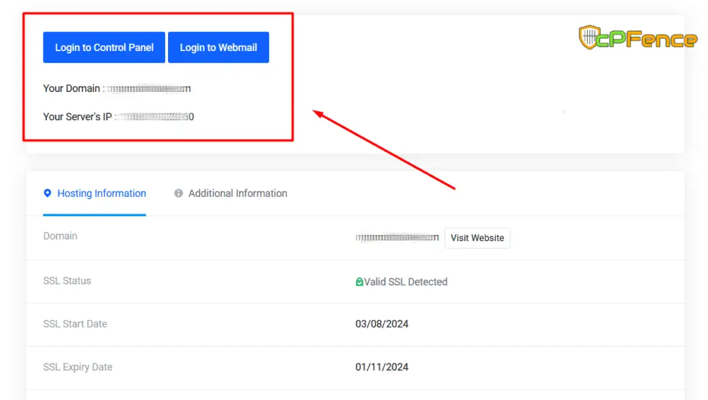 WHMCS hosting details with Login to Control Panel and Login to Webmail buttons highlighted.