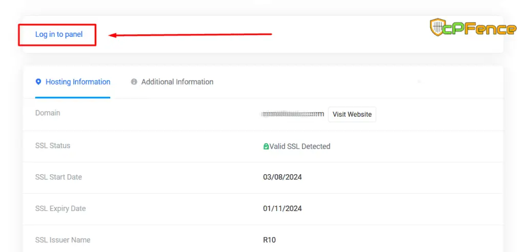 WHMCS hosting details with the original Login to panel button highlighted.