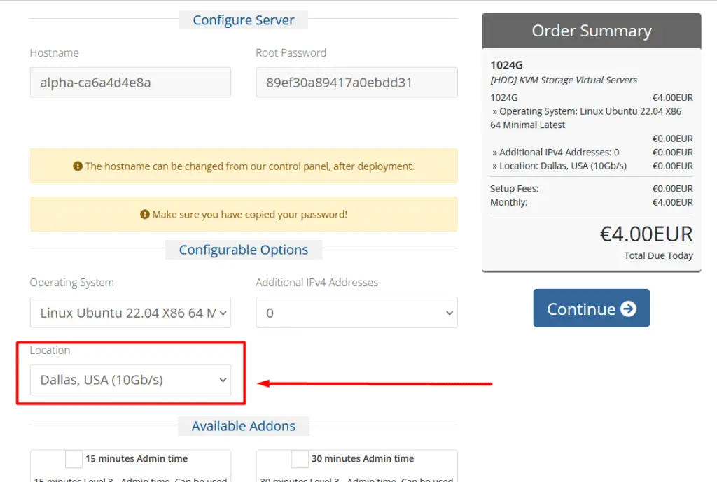 AlphaVPS storage server configuration with the location selector highlighted.
