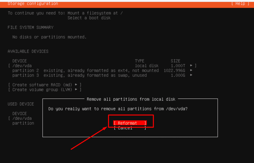 Ubuntu installer confirmation that reformatting removes all partitions from the selected disk.