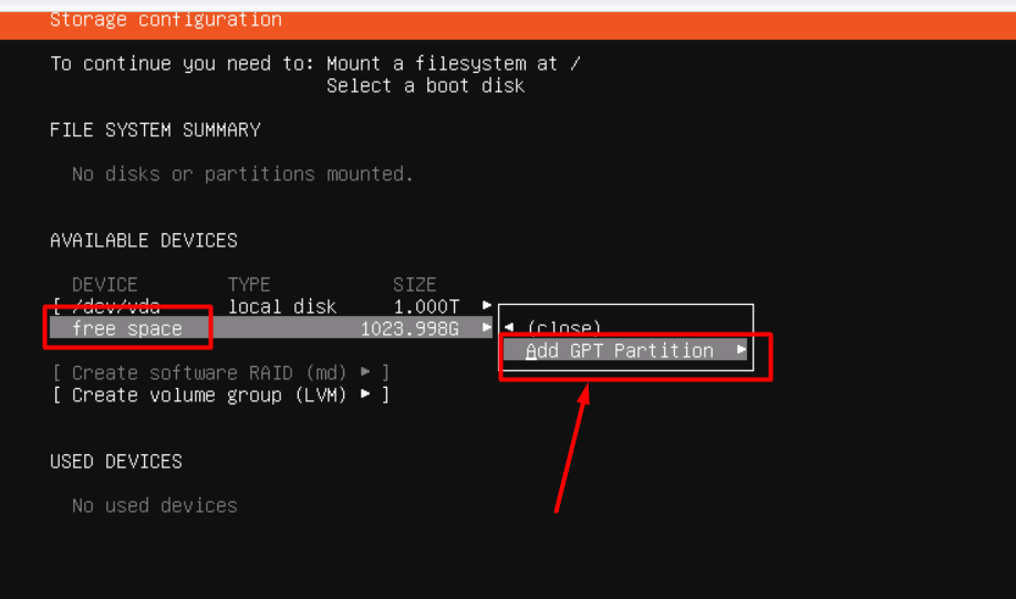 Ubuntu storage configuration with free space selected and Add GPT Partition highlighted.
