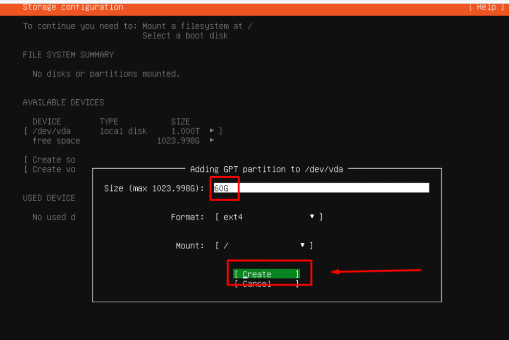 Ubuntu installer creating an ext4 partition mounted at the filesystem root.