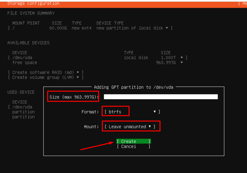 Ubuntu installer creating a Btrfs partition with Leave unmounted selected.