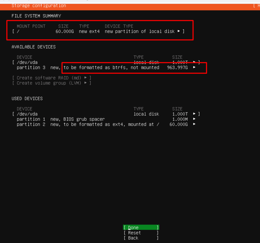 Ubuntu storage summary showing the root partition and an unmounted Btrfs partition.