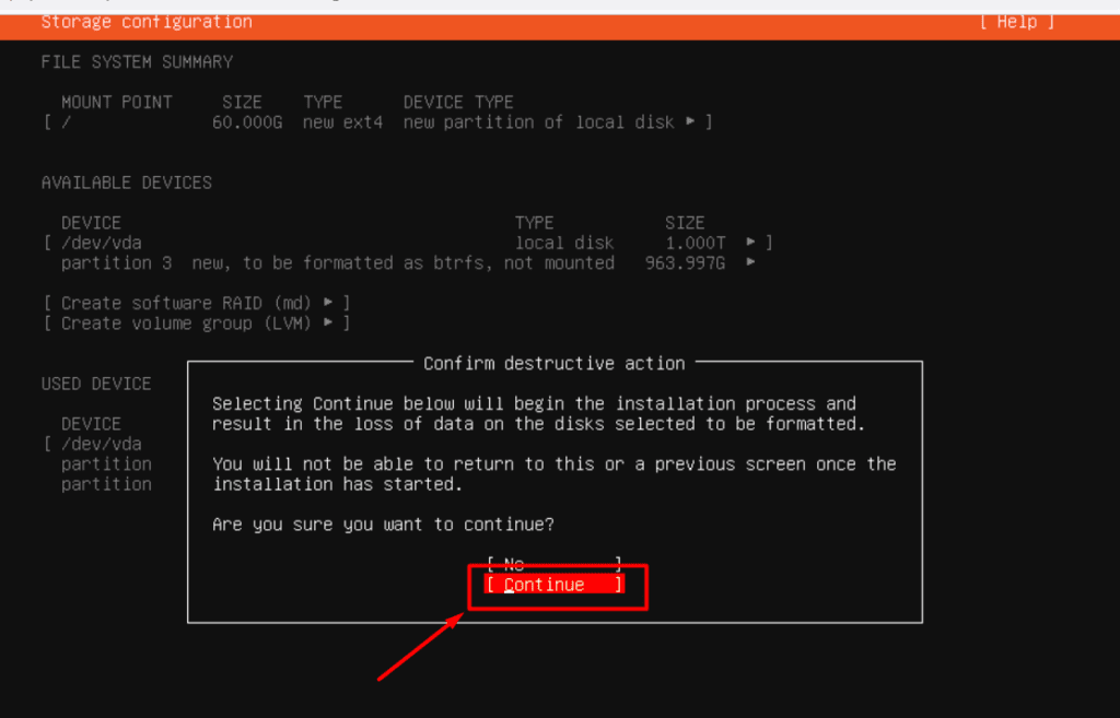 Ubuntu installer warning that continuing will erase data on disks selected for formatting.