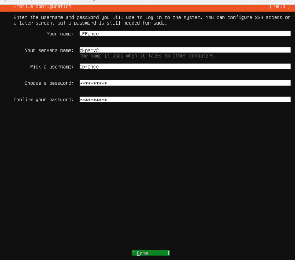 Ubuntu Server profile setup with user, server name and password fields.