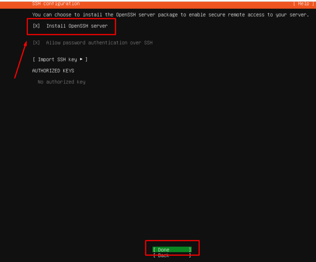 Ubuntu SSH setup with Install OpenSSH server selected.