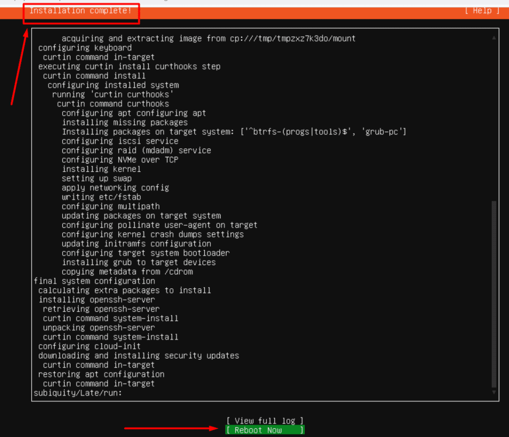 Ubuntu Server installation complete with Reboot Now highlighted.