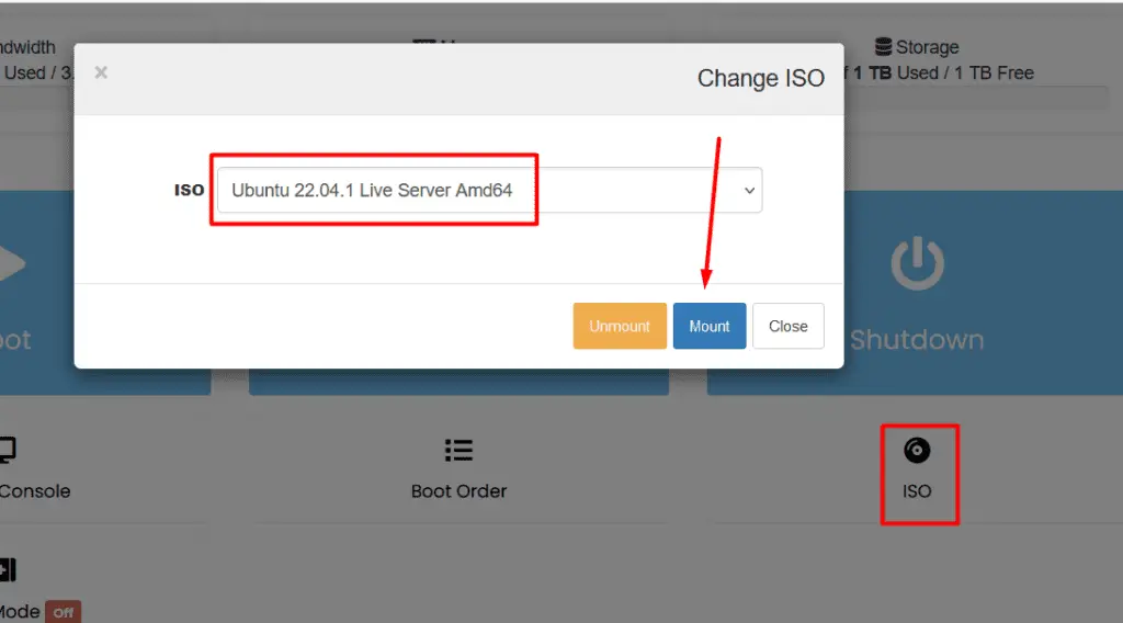 AlphaVPS Change ISO dialog with an Ubuntu Server image and Mount button highlighted.