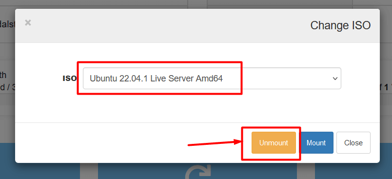 AlphaVPS Change ISO dialog with Unmount highlighted.