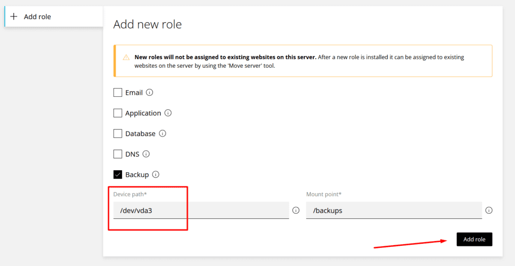 Enhance Add new role dialog with Backup selected and the device path highlighted.