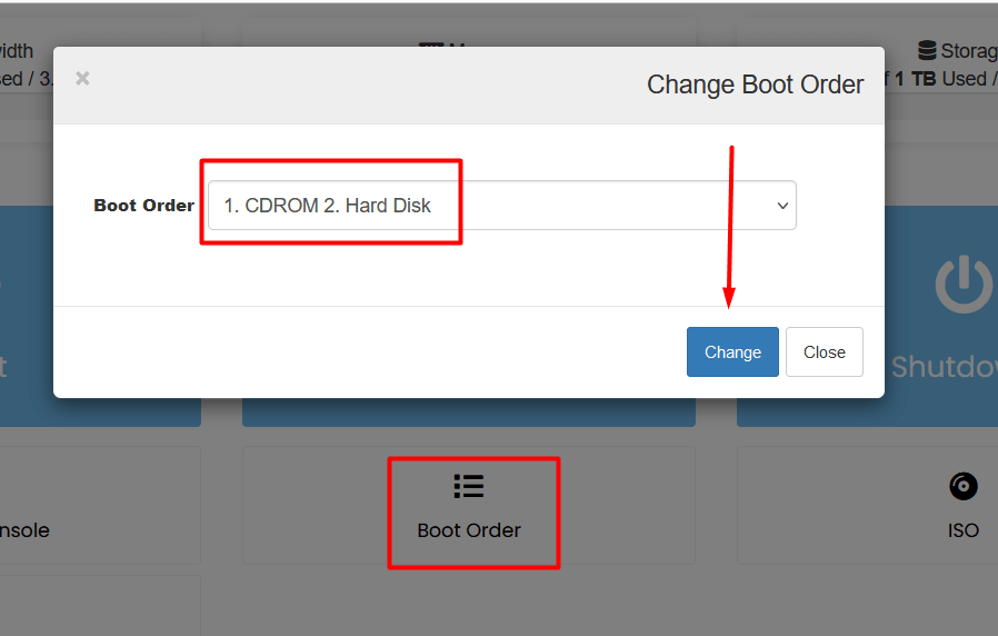 AlphaVPS boot order with CDROM before Hard Disk.