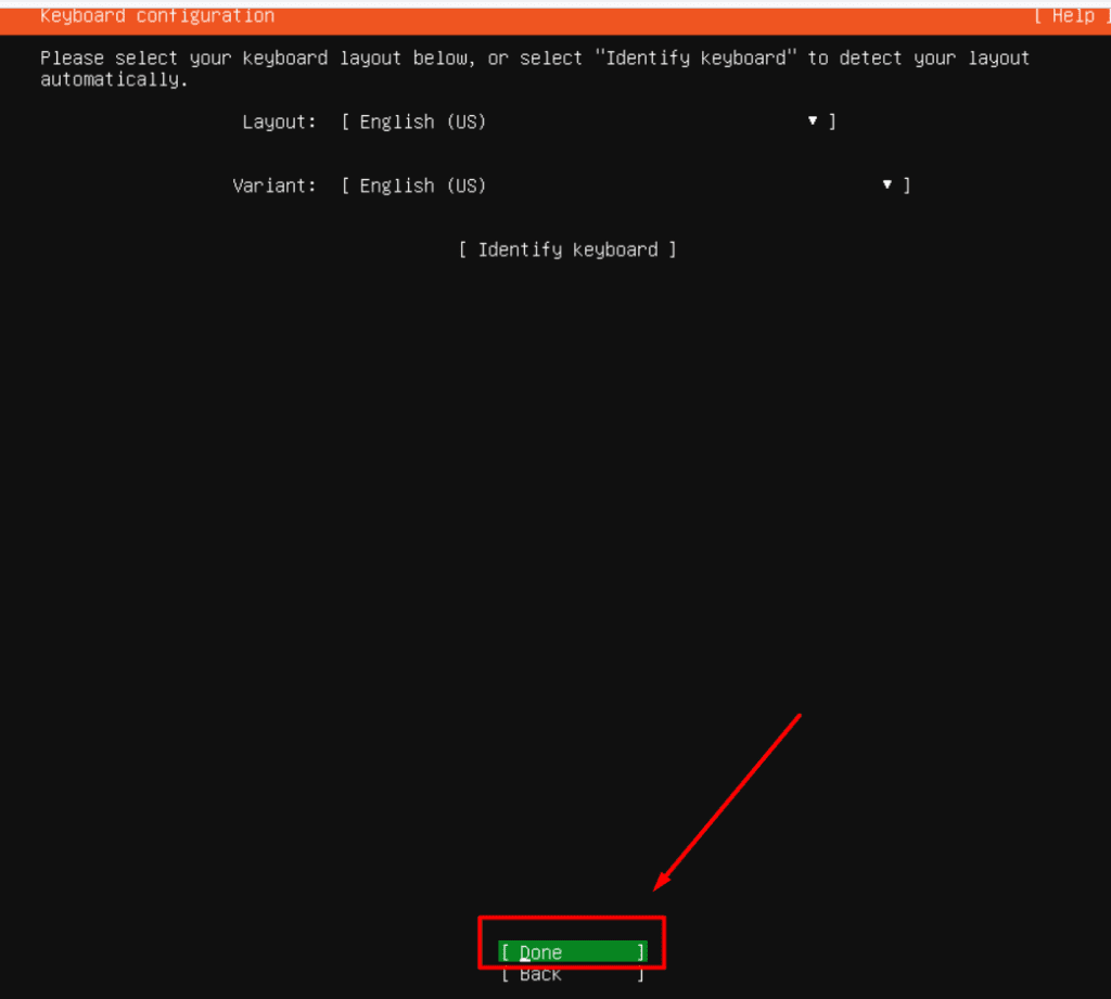 Ubuntu Server installer keyboard layout settings with Done highlighted.