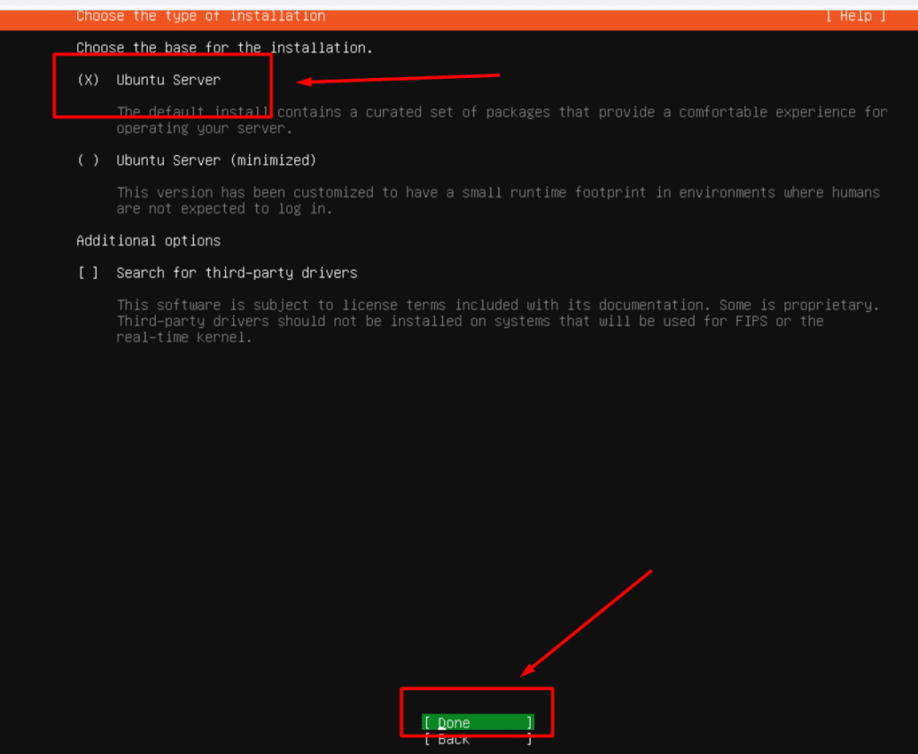 Ubuntu installer with the Ubuntu Server installation type selected.
