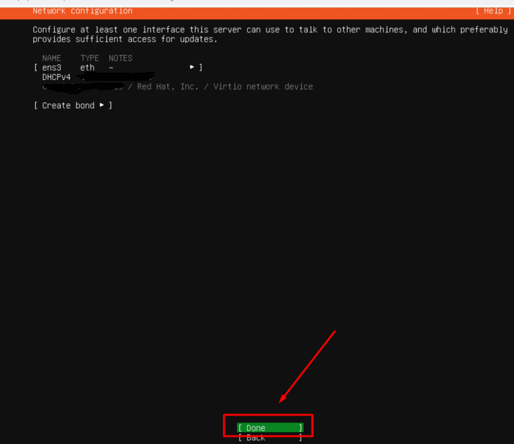 Ubuntu Server installer network configuration showing a DHCP interface.