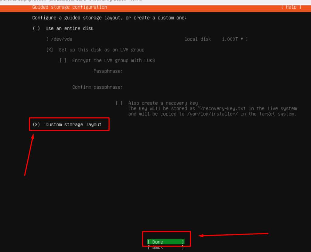 Ubuntu Server installer with Custom storage layout selected.