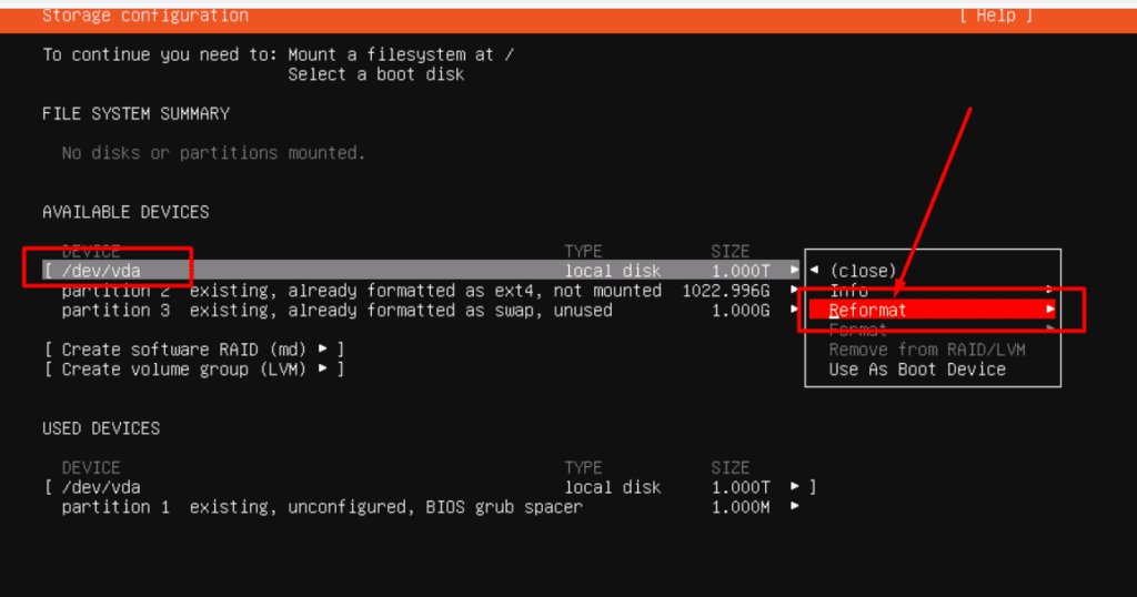 Ubuntu storage configuration with the disk Reformat option highlighted.