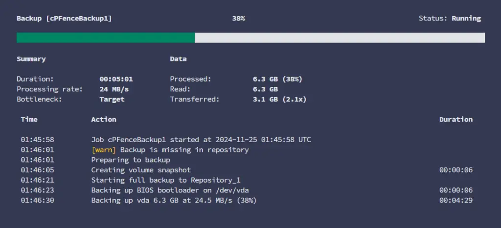 Veeam running backup with its progress bar and activity log.