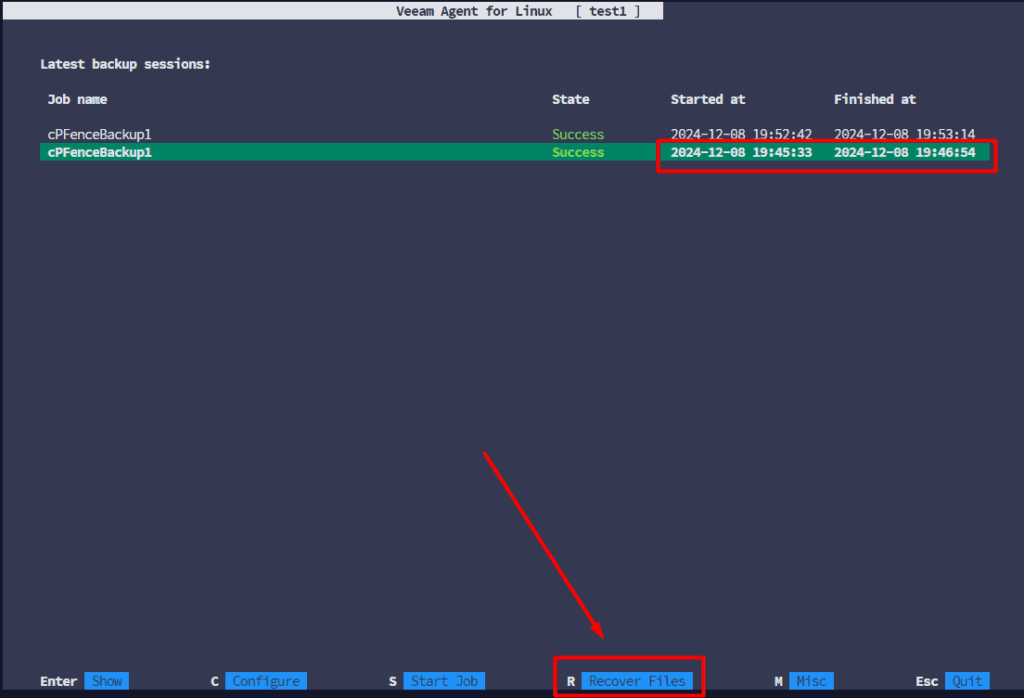 Veeam backup sessions with Recover Files highlighted.