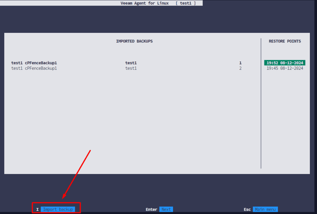 Veeam recovery-point selection with Import backup highlighted.