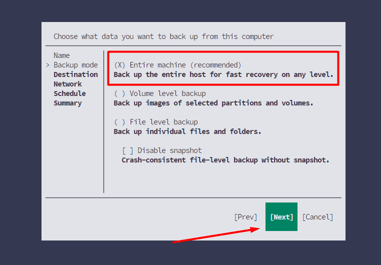 Veeam backup mode with Entire machine selected.