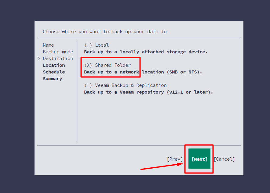Veeam backup destination with Shared Folder selected.