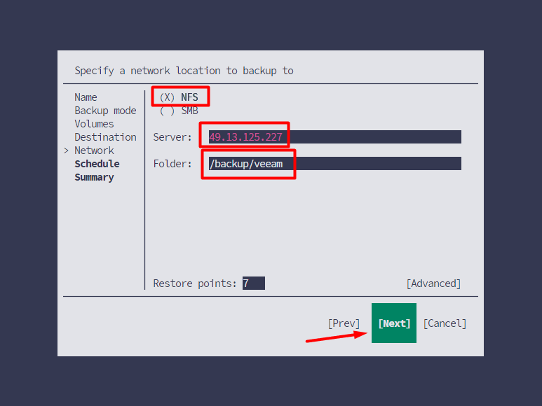 Veeam network backup settings with NFS, the server, folder and restore-point fields highlighted.