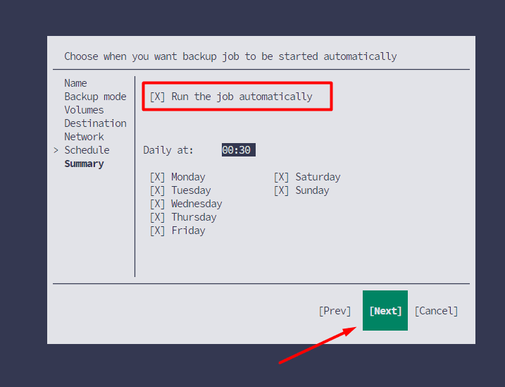 Veeam schedule settings with automatic daily backups enabled.