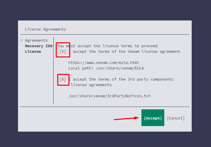 Veeam license agreements with the acceptance checkboxes and Accept button highlighted.