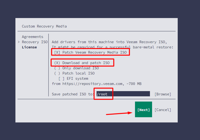 Veeam recovery media settings with Download and patch ISO and the save location highlighted.
