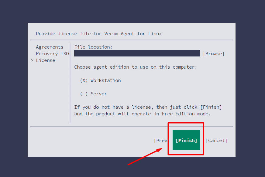 Veeam license screen with the Finish button highlighted.
