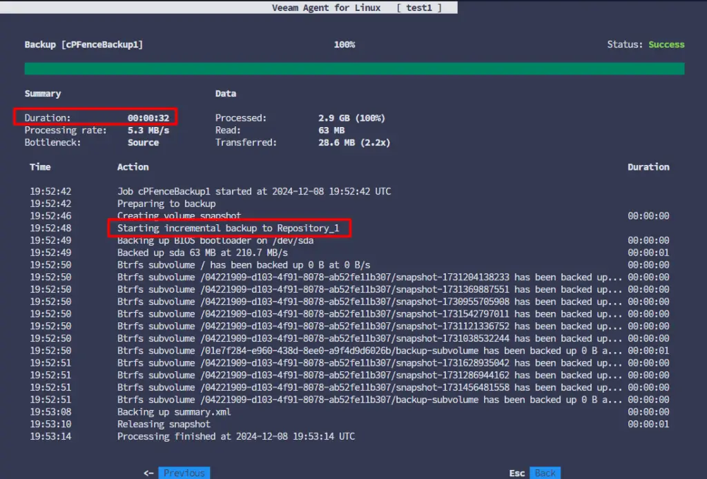 Veeam completed incremental backup showing Success and its activity log.