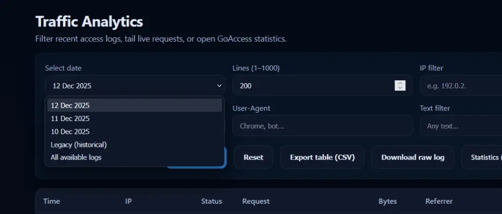 LogSpot v2 date filter showing dated logs and all available logs.