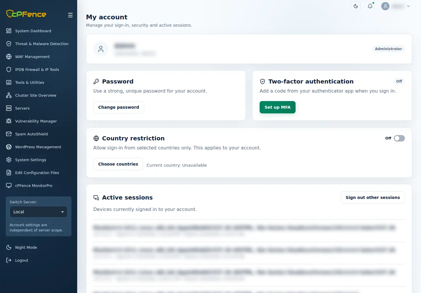 My account controls for MFA, country restrictions and active sessions in cPFence v4+.