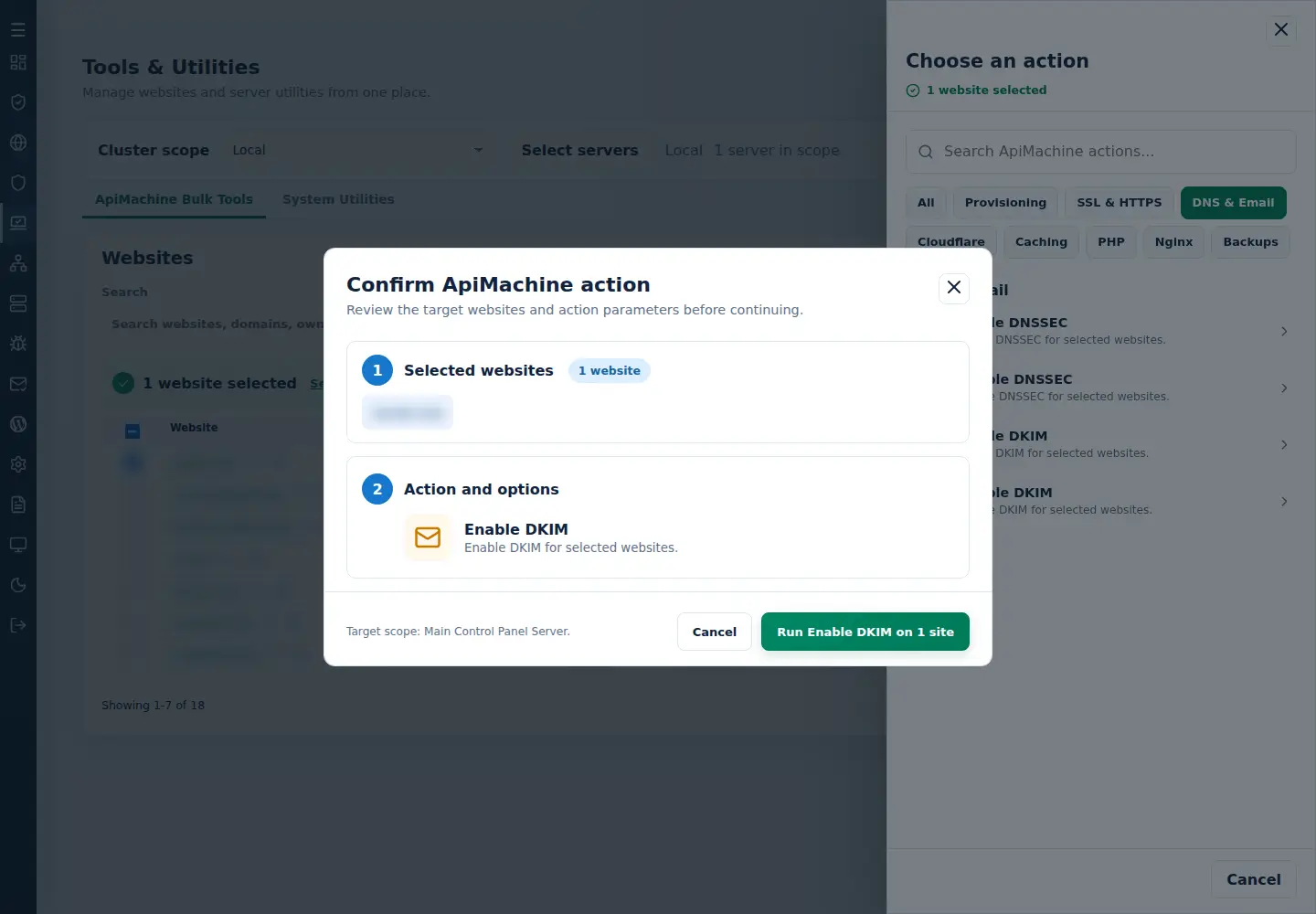 Confirm ApiMachine action for Enable DKIM showing the selected website and final action button.
