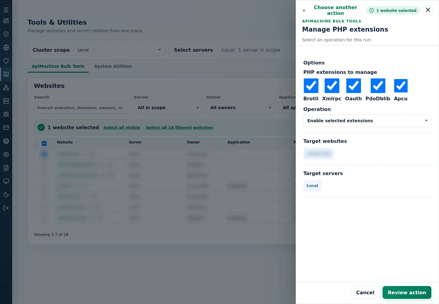 Manage PHP extensions form with Brotli, Xmlrpc, Oauth, PdoDblib and Apcu, Operation and target controls.