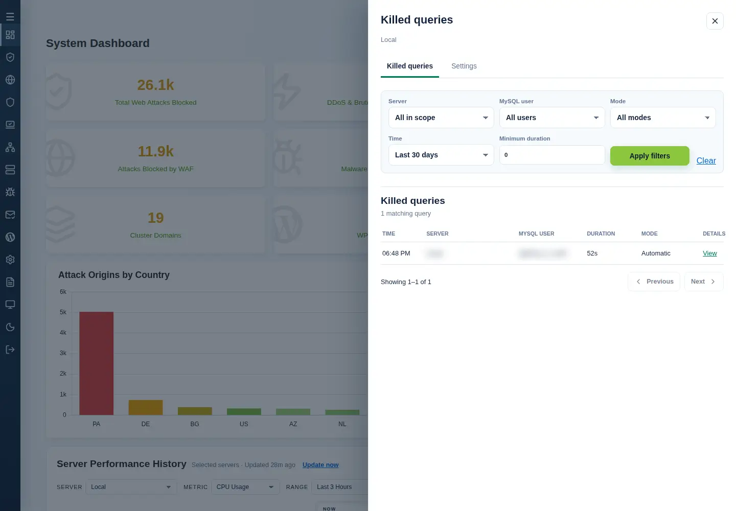 Killed queries history with server, MySQL user, mode, time and minimum-duration filters and a recorded Automatic query.