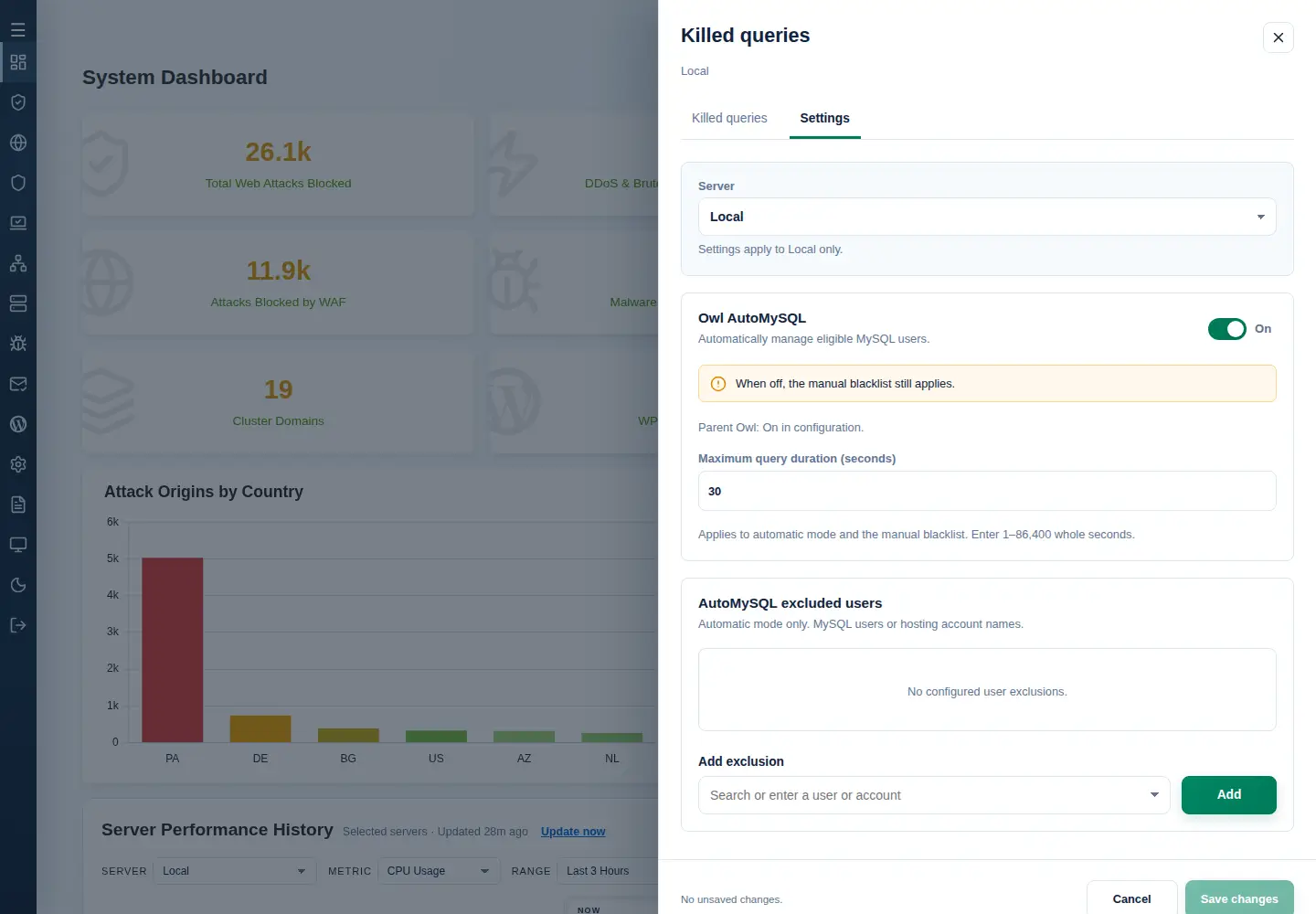 Owl AutoMySQL Settings on Local with the automatic switch, 30-second duration and excluded-user controls.