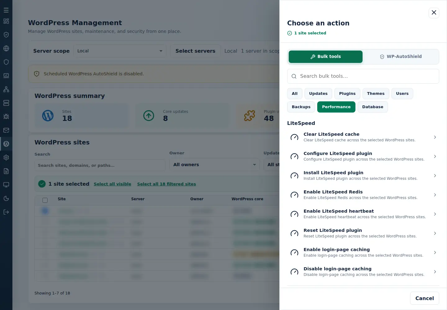WordPress Bulk tools Performance group with LiteSpeed actions and selected-site context.