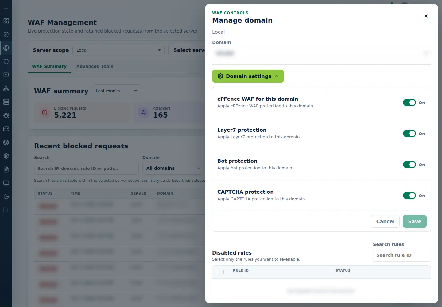 Manage domain with Domain settings expanded and a separate CAPTCHA protection switch.