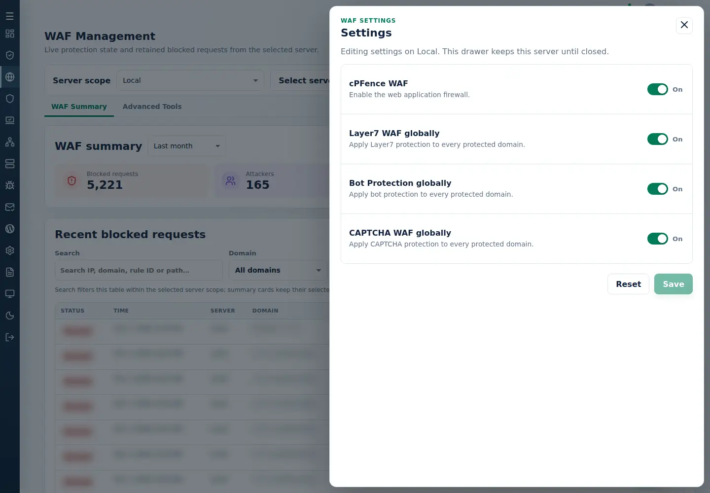 WAF Settings on Local showing cPFence WAF and CAPTCHA WAF globally controls.