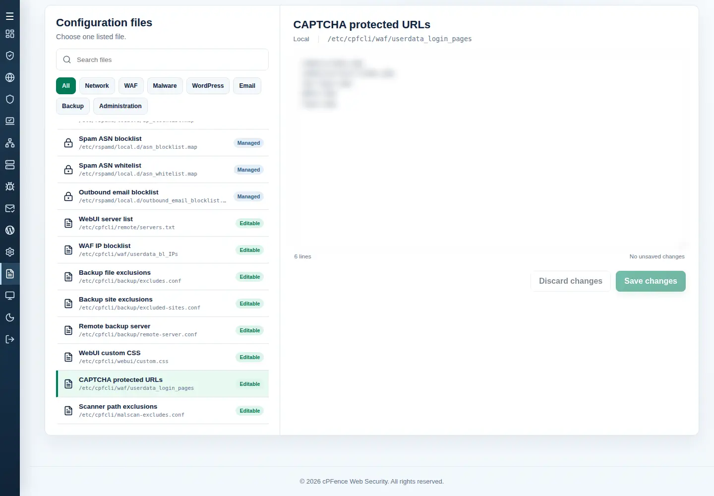 Configuration Files editor with CAPTCHA protected URLs selected and its v4 path.