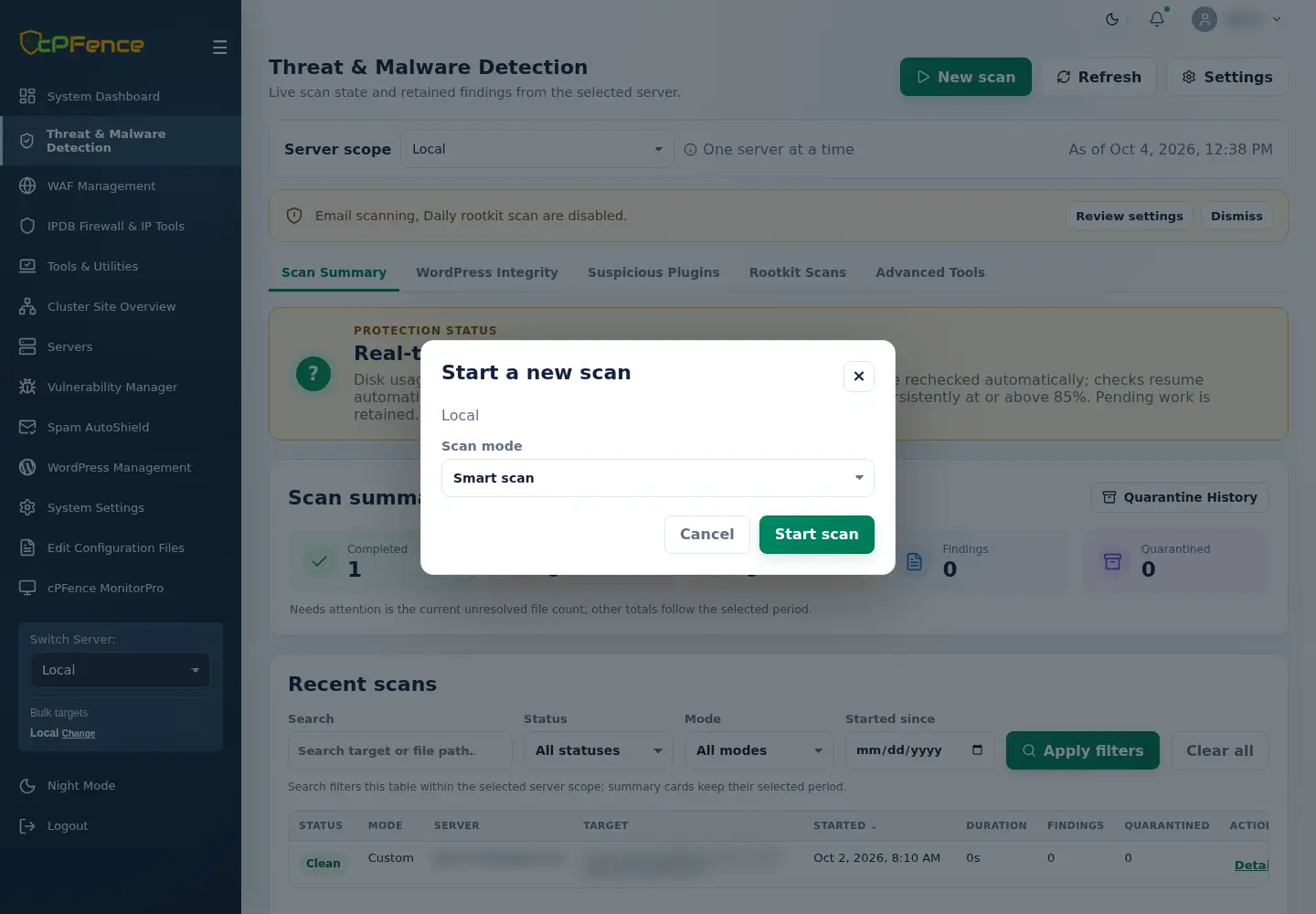 Threat & Malware Detection Start a new scan options.