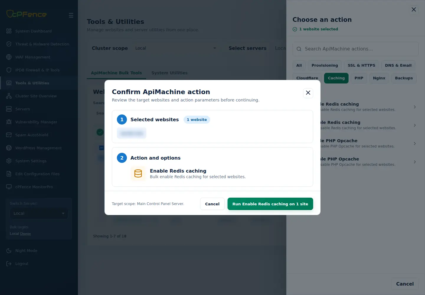 Enable Redis caching confirmation for one selected Enhance website
