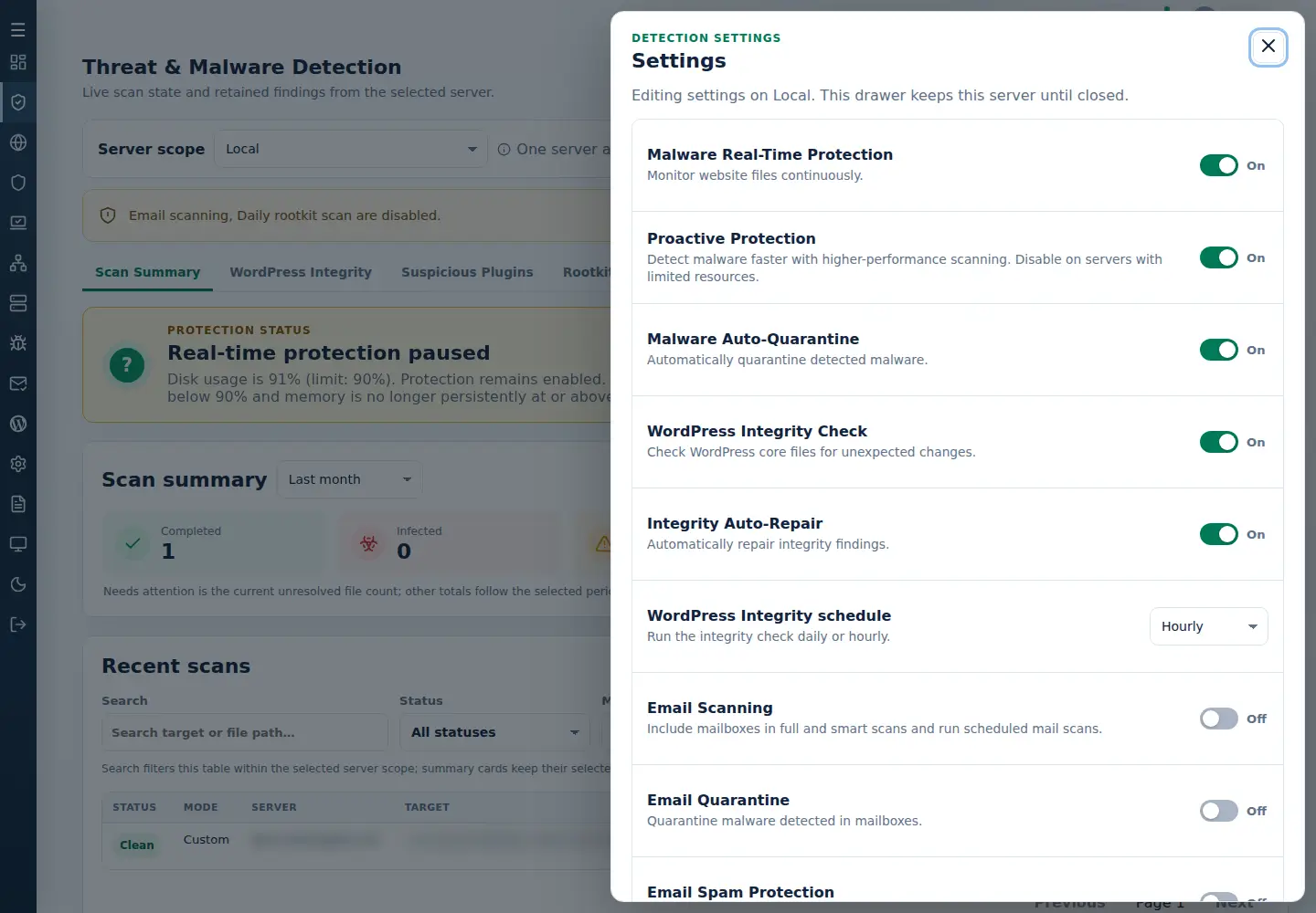 Detection Settings with WordPress Integrity Check, Integrity Auto-Repair and the schedule.