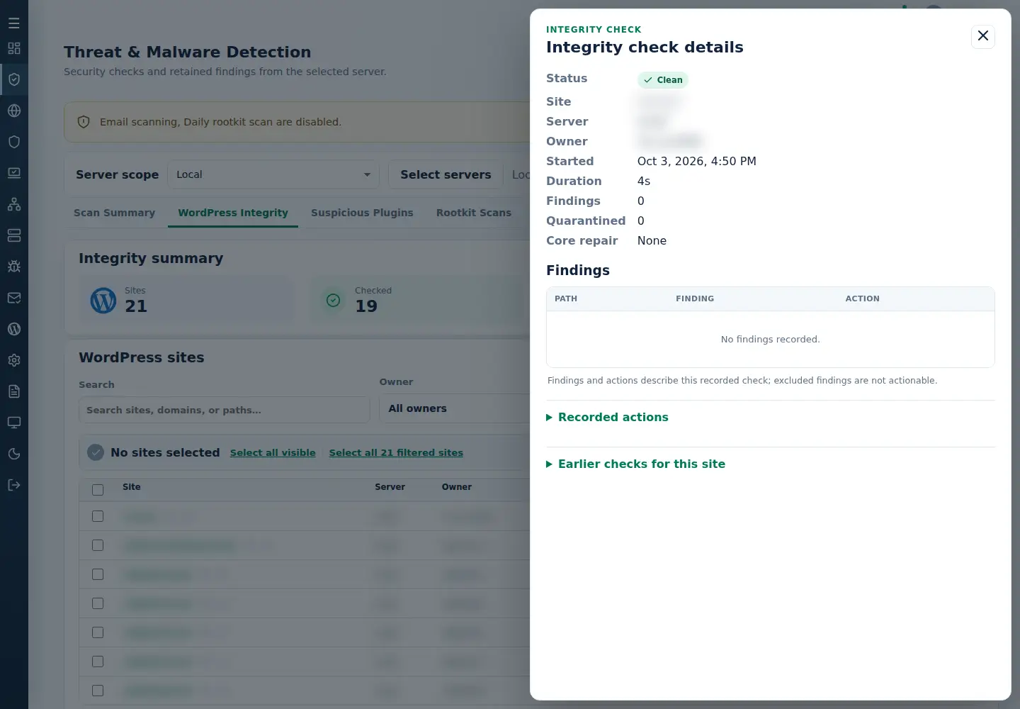 Retained WordPress Integrity Details showing a clean check, no findings and no core repair recorded.