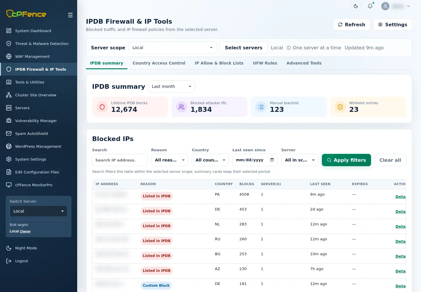 cPFence v4+ IPDB summary and recorded blocked IPs, with addresses concealed.