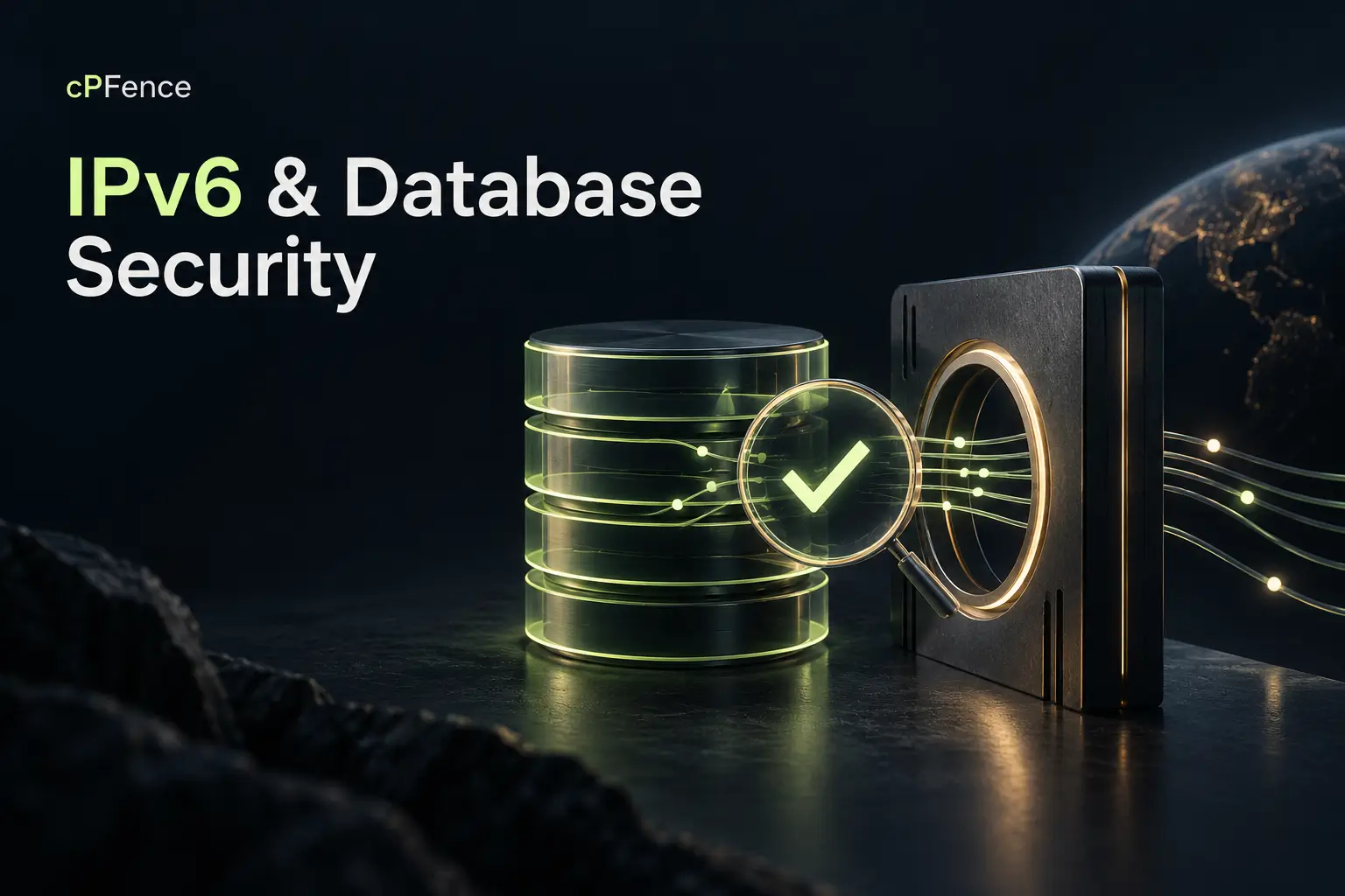 IPv6 network boundary and separate database layers with lime and gold security accents.