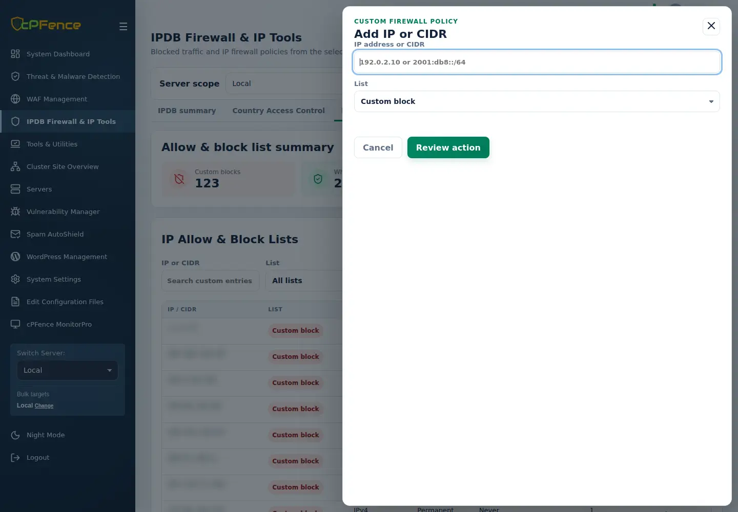 Add IP or CIDR form with IPv4 and IPv6 documentation-address placeholders and List selection.