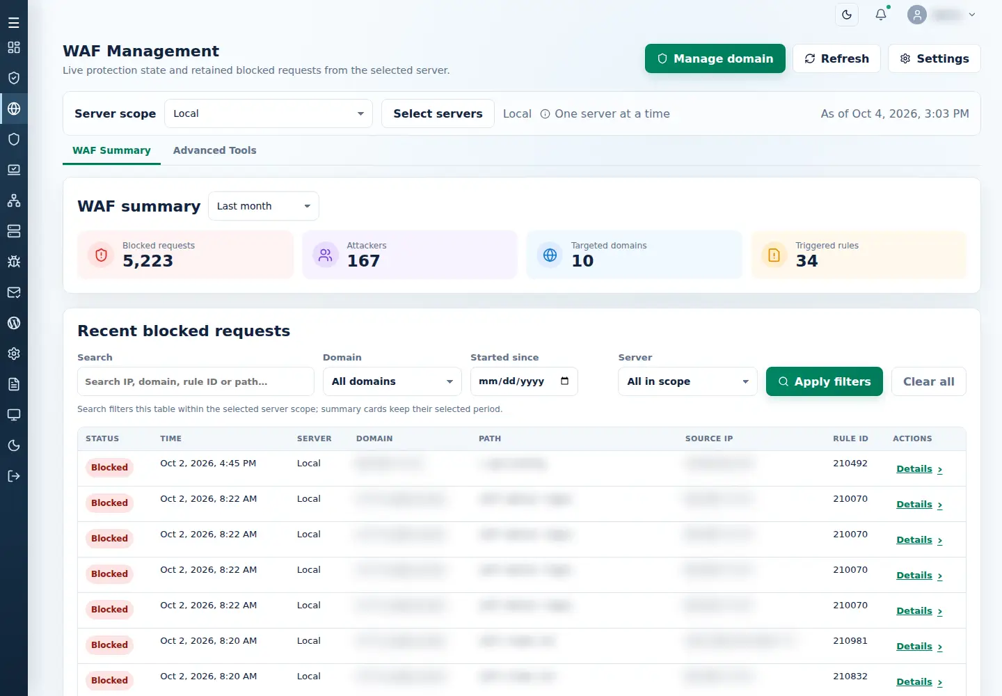 WAF Management with summary cards, filters and Recent blocked requests.